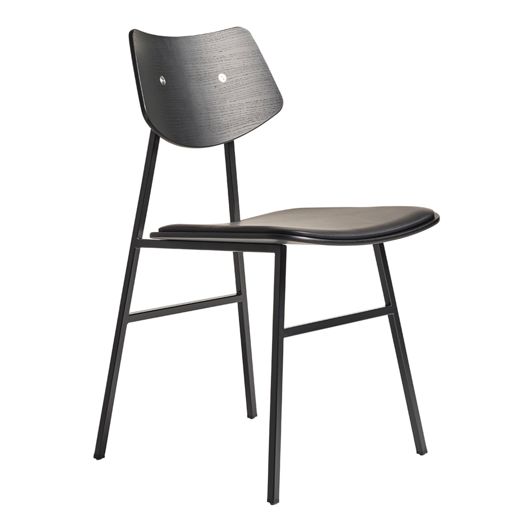 Black wooden chair with a sleek, minimalist design and subtle curved patterns on the seat and backrest.