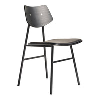 Black wooden chair with a sleek, minimalist design and subtle curved patterns on the seat and backrest.