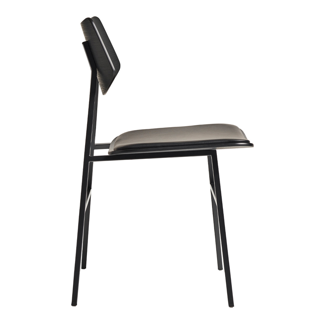 Side view of a sleek black chair with a gray cushioned seat and minimalistic design, perfect for modern decor.