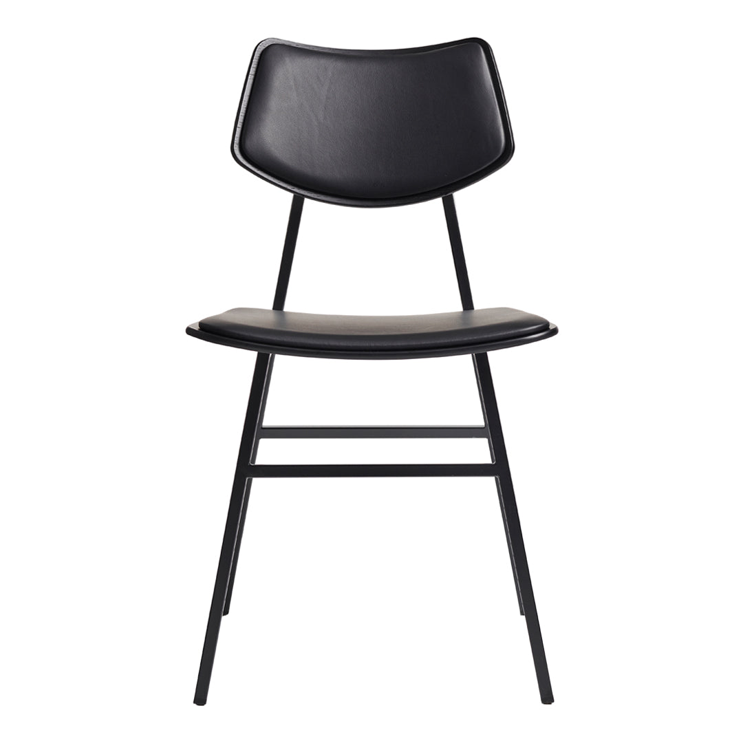 Sleek black chair with a smooth leather seat, featuring a minimalist design and clean lines. Perfect for modern spaces.