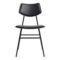 Sleek black chair with a smooth leather seat, featuring a minimalist design and clean lines. Perfect for modern spaces.