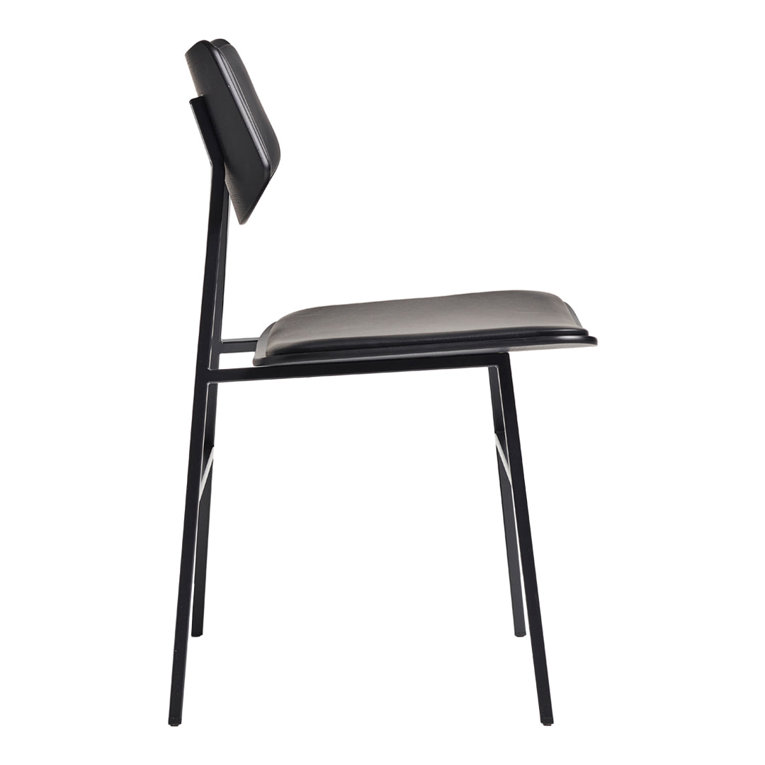 Black metal chair with a sleek gray upholstered seat and back, featuring a minimalist design.