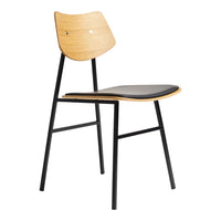 Wooden chair with a natural oak finish and black leather seat, featuring sleek lines and modern design.
