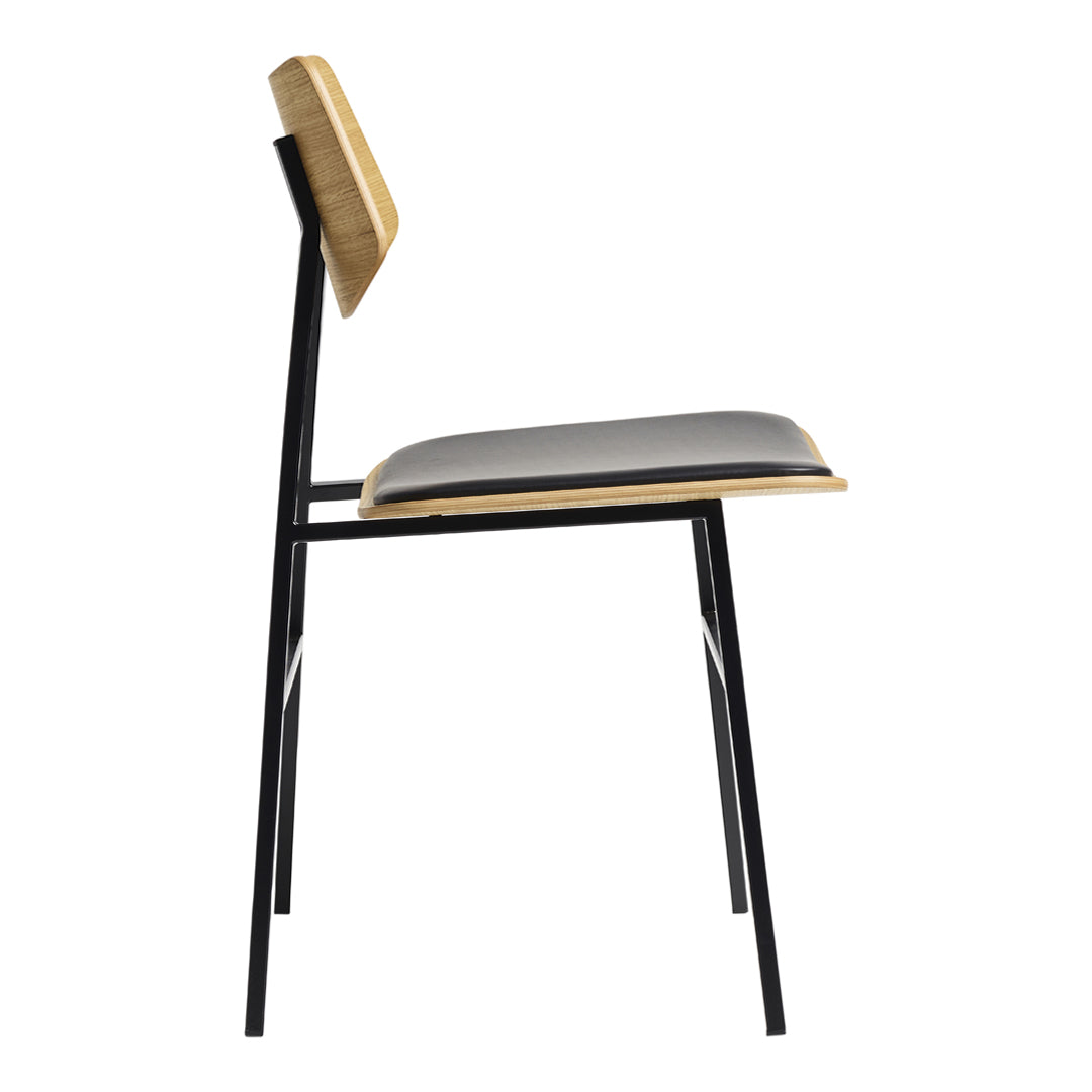Modern chair featuring a sleek black metal frame, light wood backrest, and grey upholstered seat.