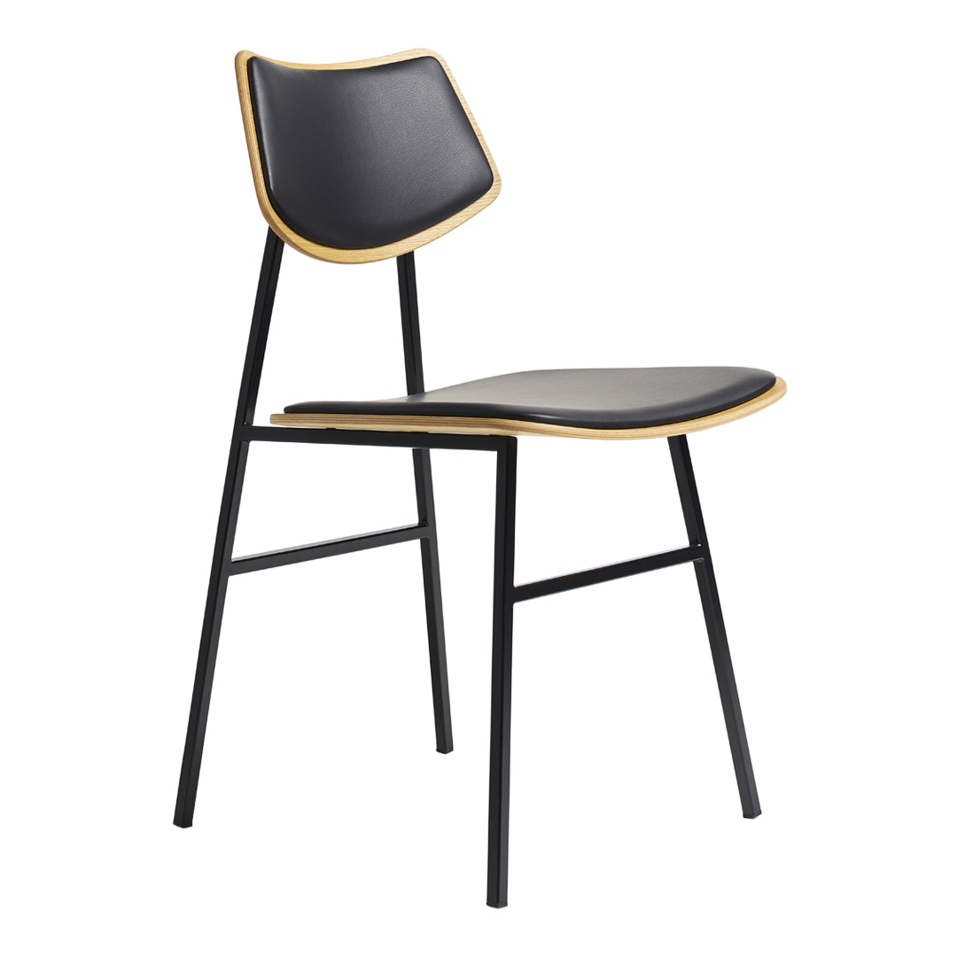 Modern black chair with a sleek design, featuring a contrasting light wood trim and a minimalist black metal frame.