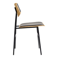 Side view of a black metal chair with a sleek wood backrest and a gray cushioned seat. Modern, minimalist design.