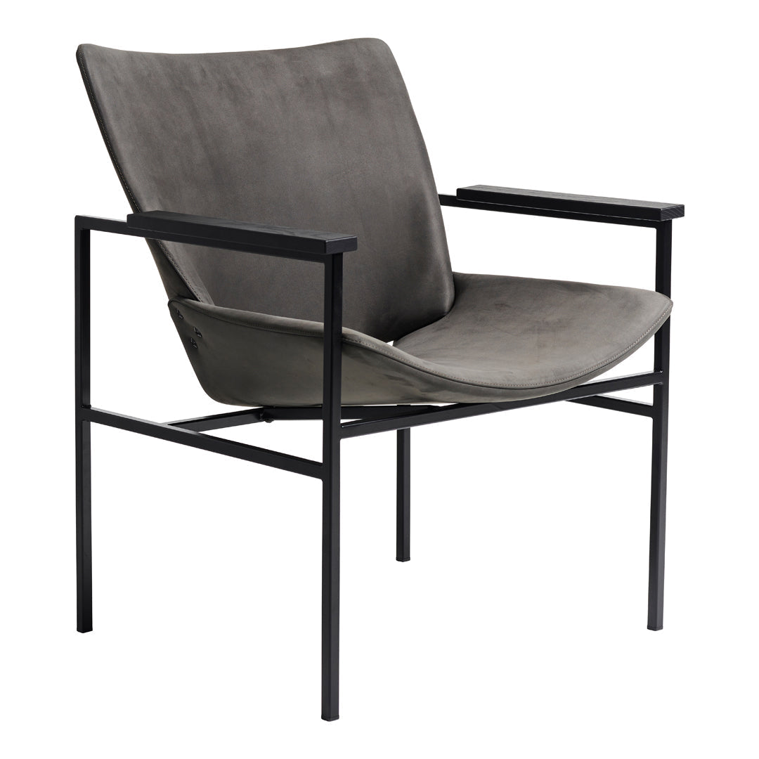 Sleek gray fabric armchair with a minimalist black metal frame, perfect for modern decor.