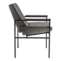 Stylish gray upholstered chair with a minimalist black metal frame, featuring a modern, sleek design.