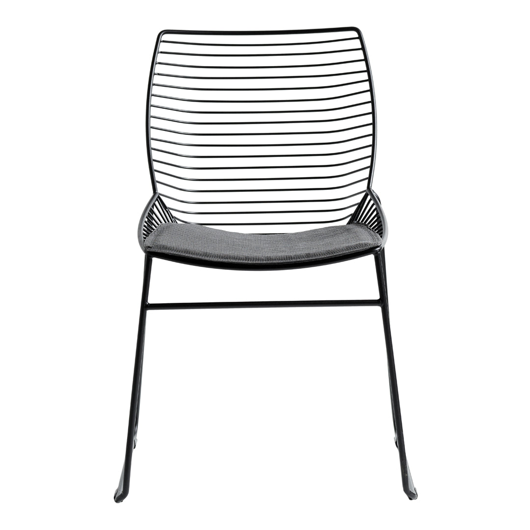 Black metal chair with sleek horizontal lines and a minimalist design, featuring a dark gray seating area.