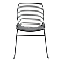 Black metal chair with sleek horizontal lines and a minimalist design, featuring a dark gray seating area.