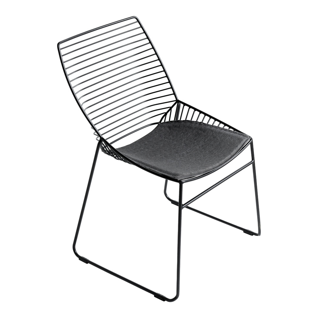 Black wire chair with a sleek design and a textured gray seat, perfect for modern interiors.