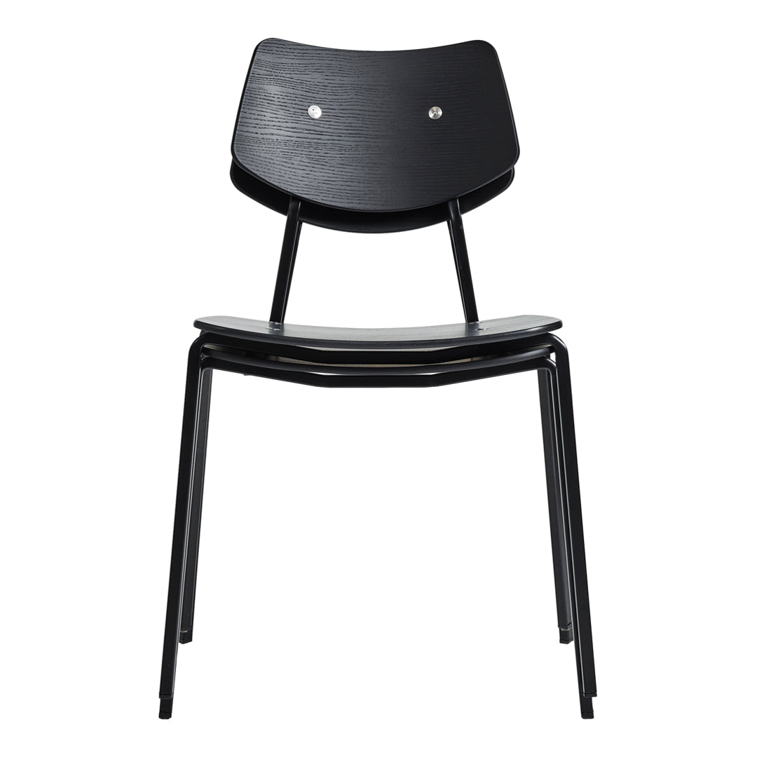 Black wooden chair with a minimalist design featuring a smooth finish and subtle rounded backrest.