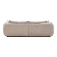 Beige upholstered sofa with textured fabric and soft round edges, perfect for modern living spaces.