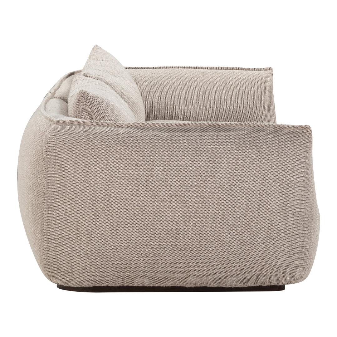 Light beige textured fabric sofa with plush cushions, featuring a contemporary design and subtle woven pattern.