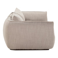 Light beige textured fabric sofa with plush cushions, featuring a contemporary design and subtle woven pattern.