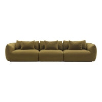 Olive green sofa with plush, textured fabric and matching cushions in a modern, rounded design.