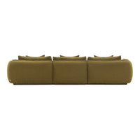 Olive green, upholstered sofa with plush cushions and smooth, rounded edges for a contemporary look.