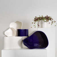 Modern ceramic bowls in glossy white and deep navy blue, featuring organic shapes and smooth surfaces.