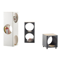 Modern wooden storage units in white and black, featuring circular cutouts and a natural wood top.