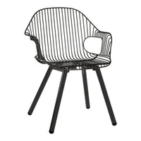 Black wire chair with sleek lines and modern design, featuring an open back and minimalist legs.