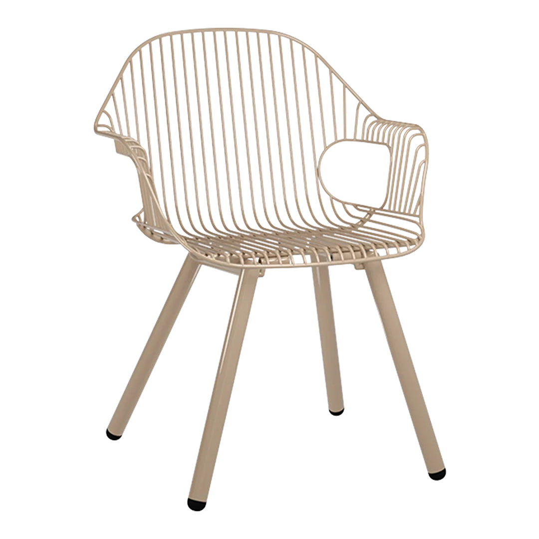 Beige wire chair with vertical stripes and smooth curves, featuring a minimalist design and sturdy legs.
