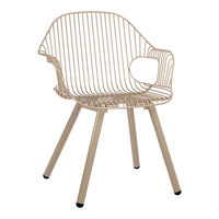 Beige wire chair with vertical stripes and smooth curves, featuring a minimalist design and sturdy legs.