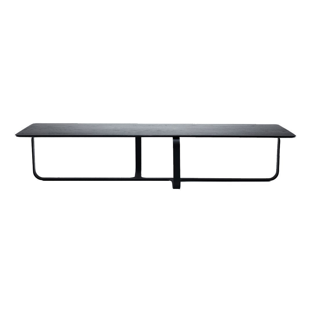 Sleek black rectangular table with a minimalist design and smooth surface, perfect for modern decor.