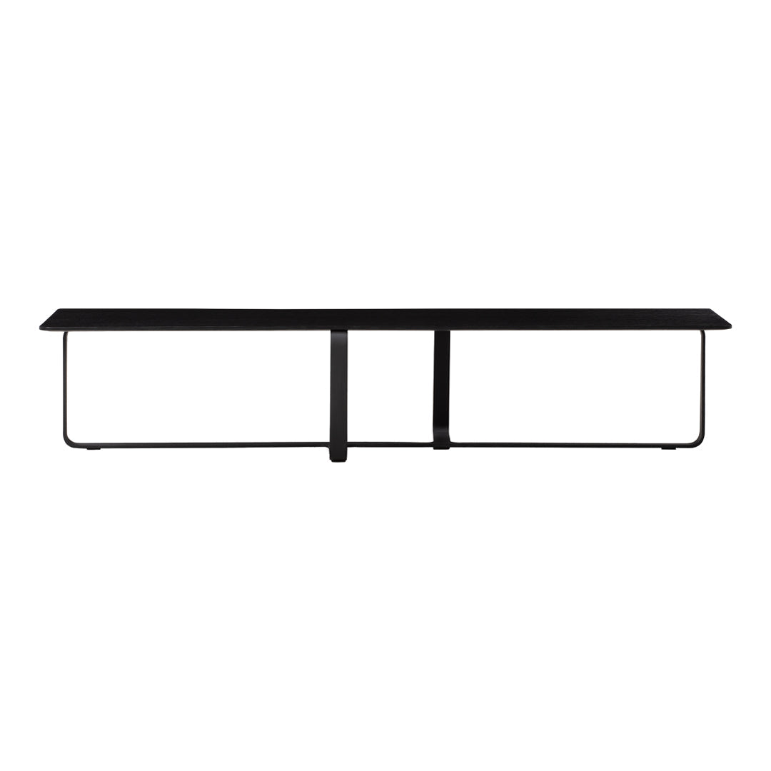 Sleek black metal bench with a minimalist design and straight lines, perfect for modern decor.