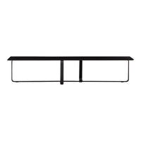 Sleek black metal bench with a minimalist design and straight lines, perfect for modern decor.