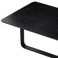 Black wood grain tabletop with a sleek matte finish and contrasting black metal legs, ideal for modern decor.