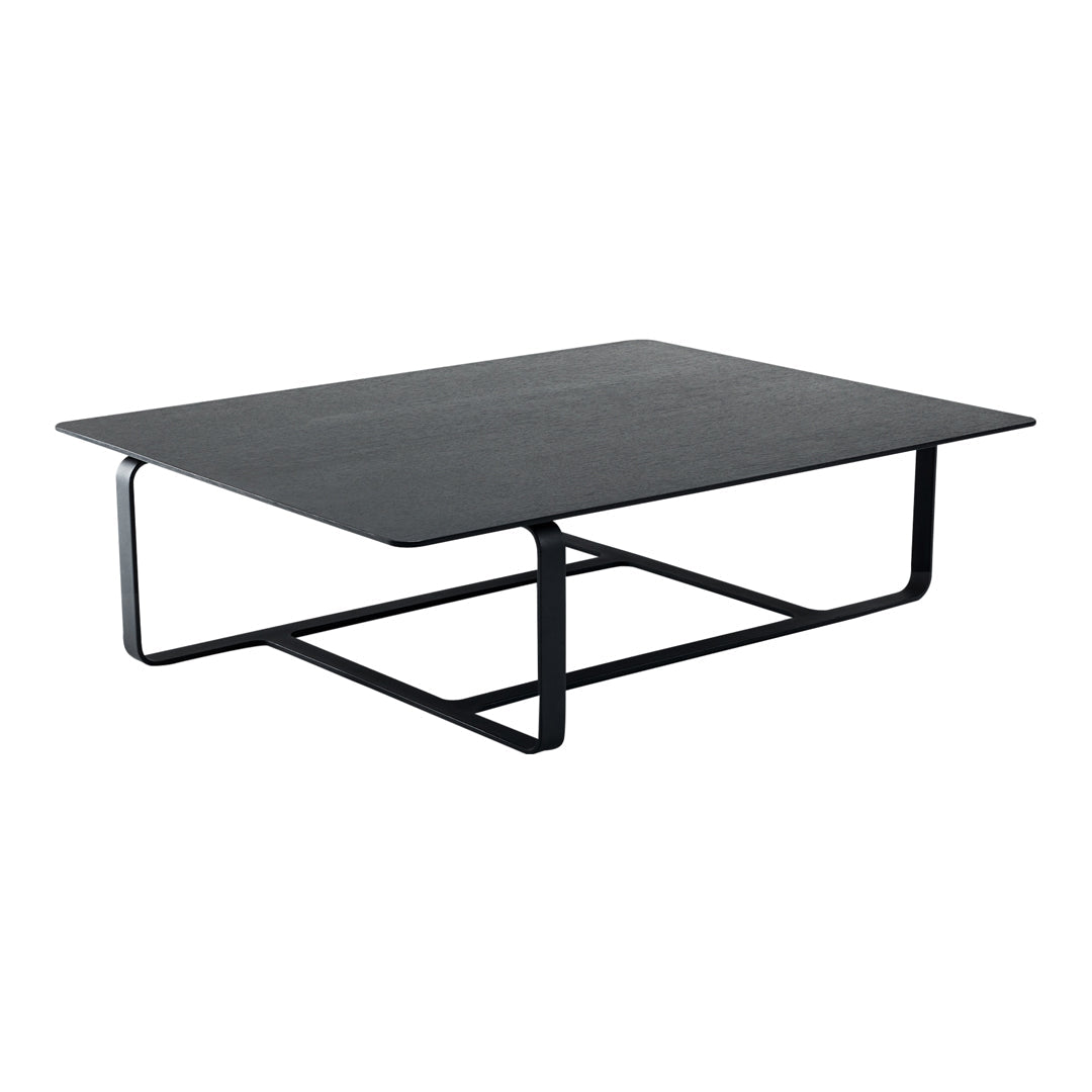 Modern black rectangular coffee table with a sleek metal frame and smooth surface. Perfect for contemporary decor.