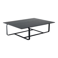 Modern black rectangular coffee table with a sleek metal frame and smooth surface. Perfect for contemporary decor.