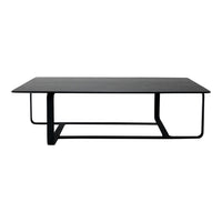 Modern black rectangular coffee table with a sleek surface and minimalistic metal frame design.