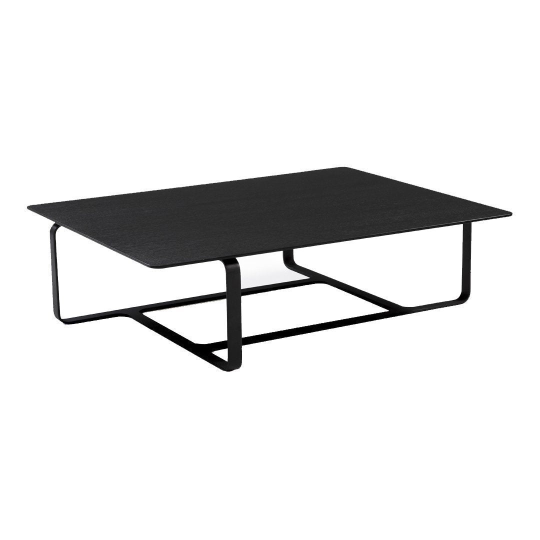 Stylish black rectangular coffee table with a minimalist design and sleek metal base, perfect for modern decor.
