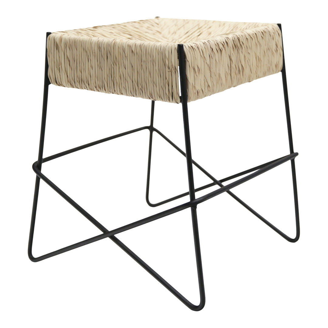 Square stool with a textured beige seat and sleek black metal legs, featuring a minimalist design.