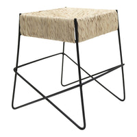 Square stool with a textured beige seat and sleek black metal legs, featuring a minimalist design.
