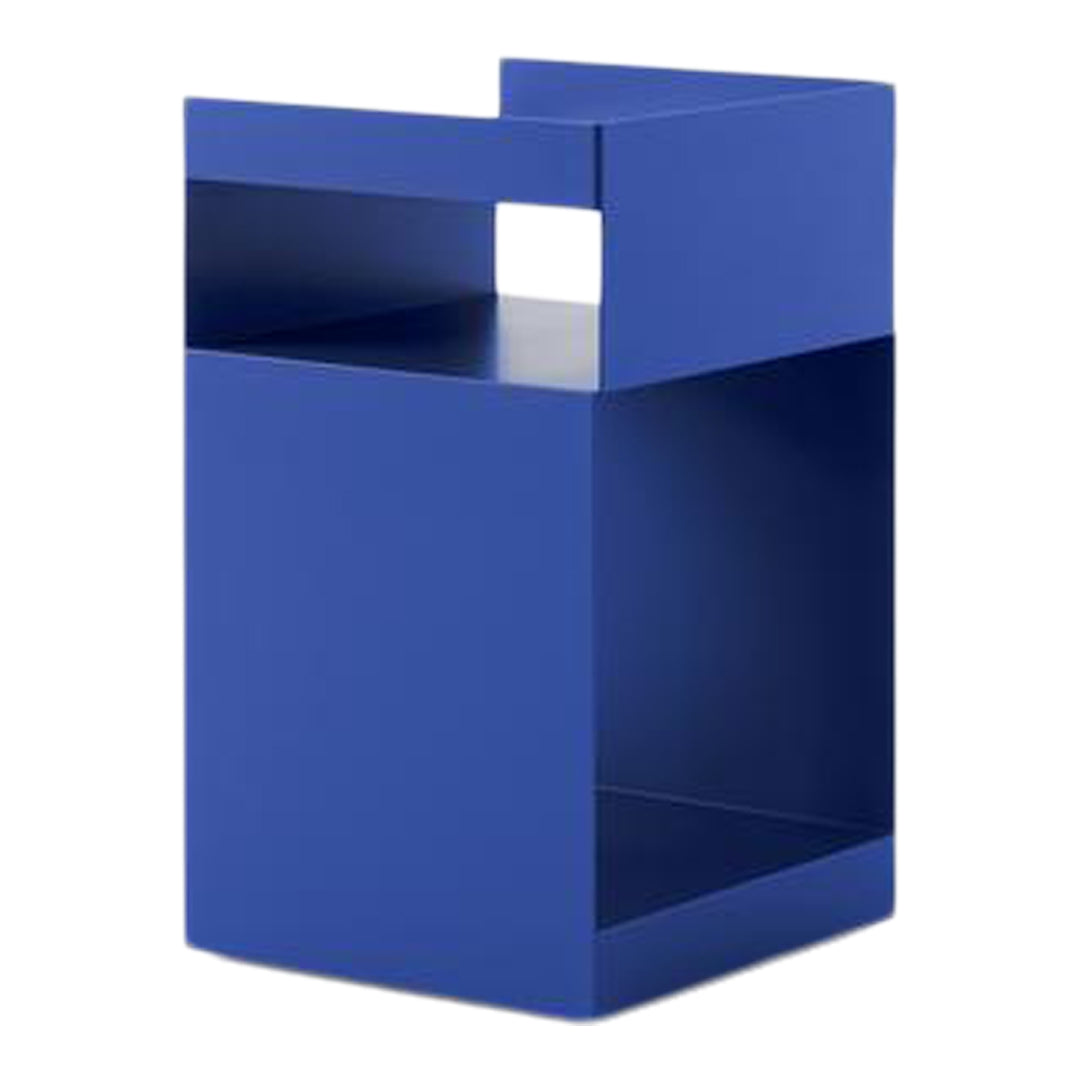 Sleek blue geometric storage cube with a modern cut-out design, perfect for minimalist decor.