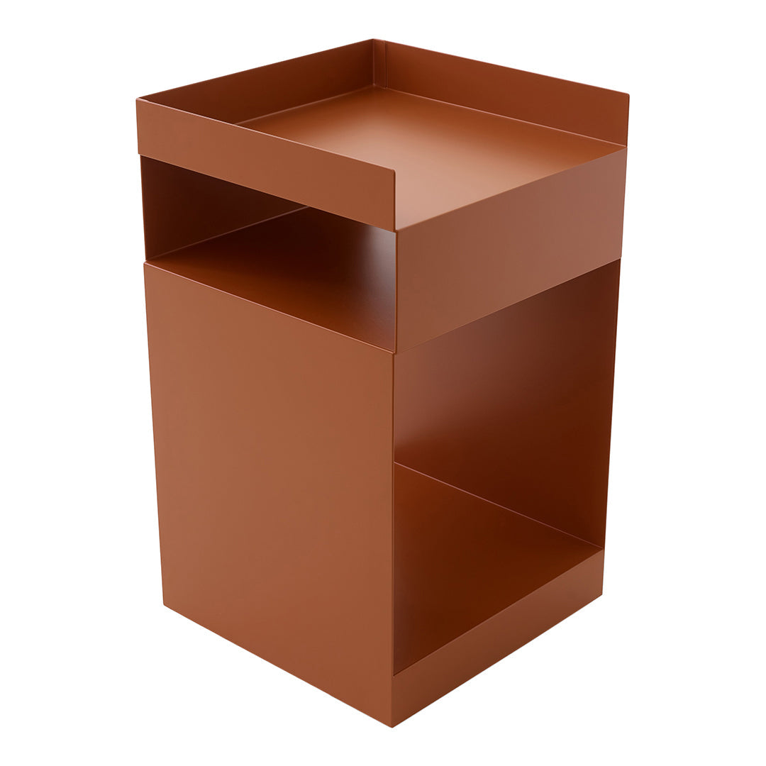 Rust-colored modern storage unit with a sleek, minimalist design and open shelf. Ideal for contemporary decor.