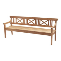 Natural wood bench with a warm honey hue and a crisscross back pattern, perfect for outdoor or indoor seating.