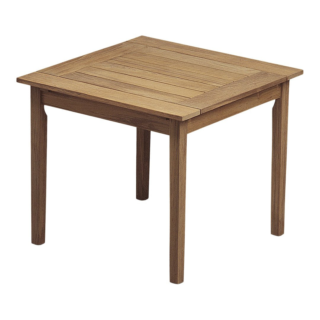 Square wooden table with a natural light brown finish and a smooth, slatted pattern on the top.