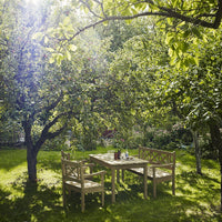 "Natural wood dining set in a lush green garden, accented by sunlight and vibrant foliage."