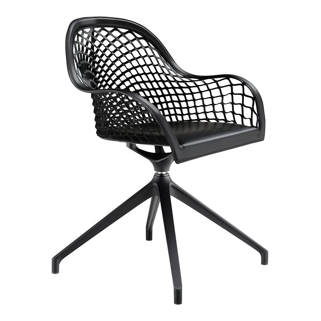 Black mesh chair with a modern design and geometric pattern on a sleek black metal base.