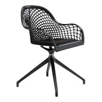 Black mesh chair with a modern design and geometric pattern on a sleek black metal base.