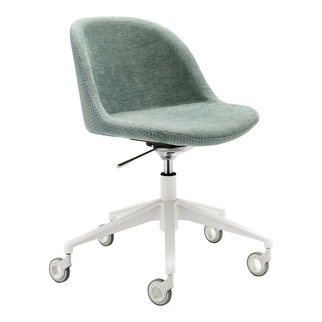 Light green upholstered office chair with a smooth texture and white wheeled base. Modern and stylish design.