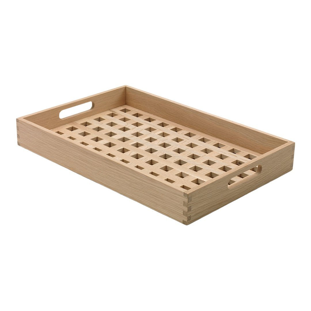 Light wood serving tray with a woven pattern and cut-out handles, perfect for any decor style.