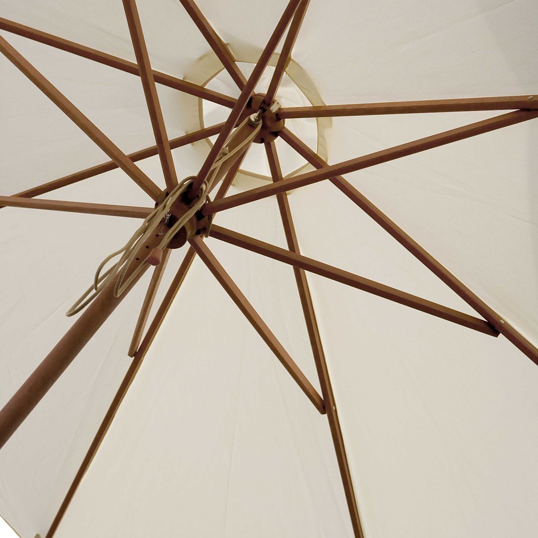 "Close-up of a neutral-toned umbrella canopy with a wooden frame and a simplistic, clean design."