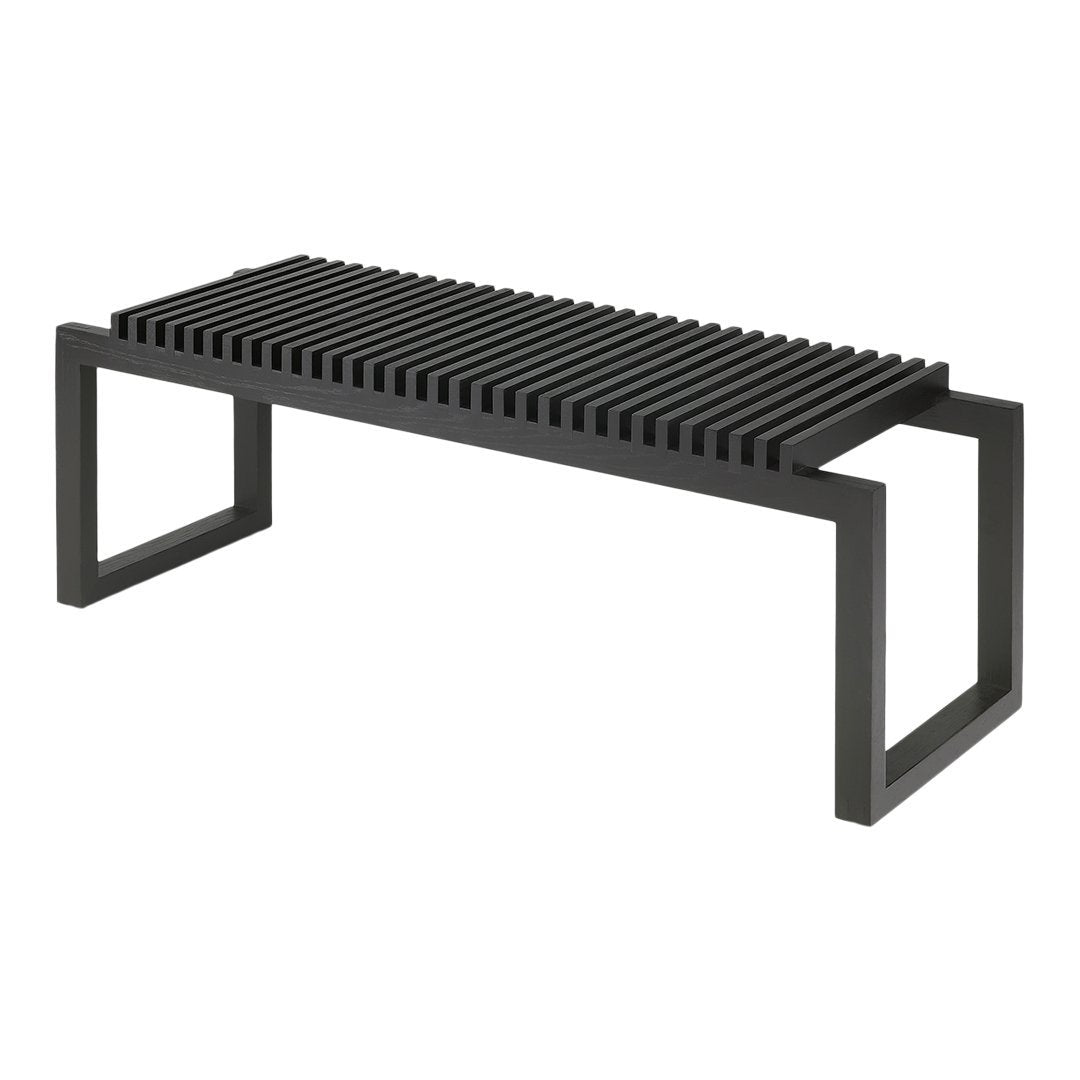 Black slatted bench with modern geometric design and clean lines, perfect for contemporary decor.