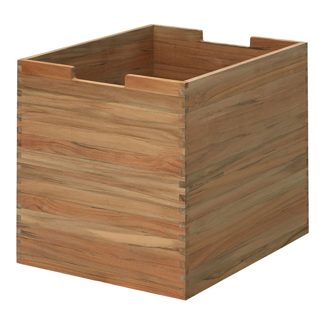 Natural wooden storage box with a warm brown finish and subtle wood grain patterns. Ideal for organizing spaces.