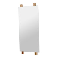"Rectangular mirror with a clear reflective surface and natural wood accents at the corners, minimalist design."