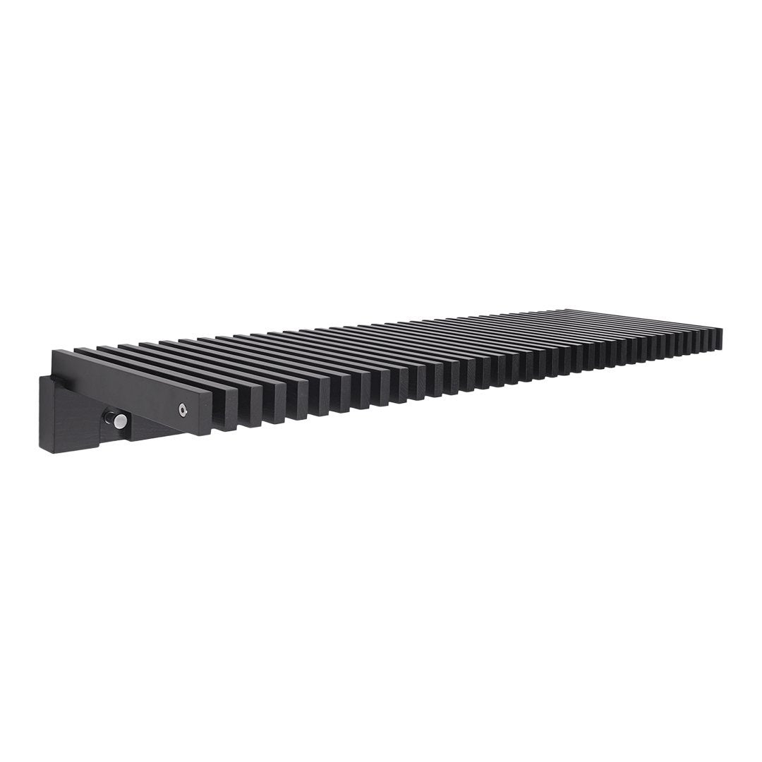 Black slatted shelf with a sleek, modern design and a matte finish, perfect for minimalist decor.